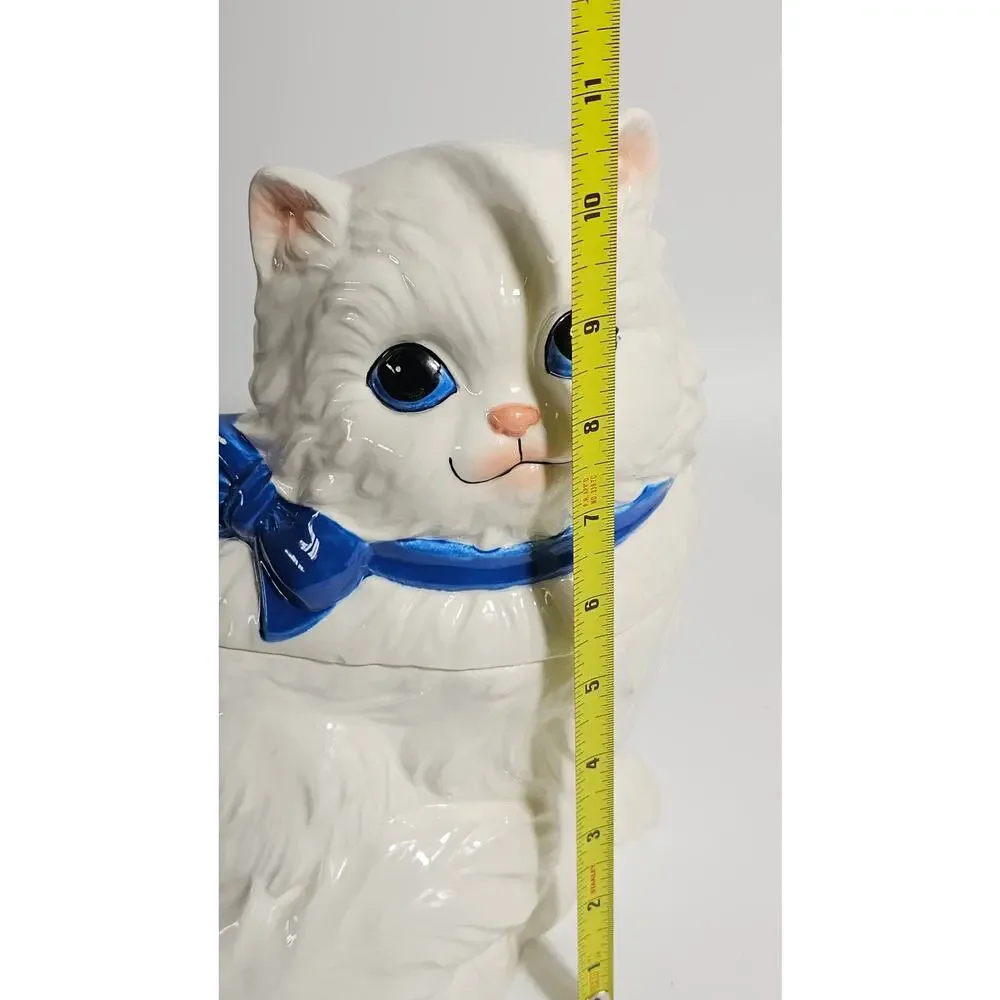 Vintage 80s Ceramic White Persian Cat Cookie Jar Blue Ribbon Bow Made in Japan